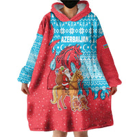 Azerbaijan Christmas Wearable Blanket Hoodie with Santa Riding Horse Red Flame Motif and Blue Islamic Pattern Design - Wonder Print Shop