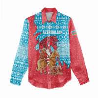 Azerbaijan Christmas Women Casual Shirt with Santa Riding Horse Red Flame Motif and Blue Islamic Pattern Design - Wonder Print Shop