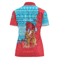 Azerbaijan Christmas Women Polo Shirt with Santa Riding Horse Red Flame Motif and Blue Islamic Pattern Design - Wonder Print Shop