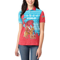 Azerbaijan Christmas Women Polo Shirt with Santa Riding Horse Red Flame Motif and Blue Islamic Pattern Design - Wonder Print Shop