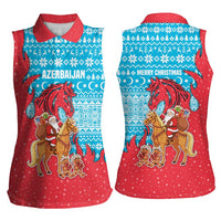 Azerbaijan Christmas Women Sleeveless Polo Shirt with Santa Riding Horse Red Flame Motif and Blue Islamic Pattern Design - Wonder Print Shop