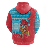 Azerbaijan Christmas Zip Hoodie with Santa Riding Horse Red Flame Motif and Blue Islamic Pattern Design - Wonder Print Shop