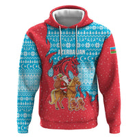 Azerbaijan Christmas Zip Hoodie with Santa Riding Horse Red Flame Motif and Blue Islamic Pattern Design - Wonder Print Shop