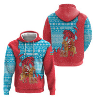 Azerbaijan Christmas Zip Hoodie with Santa Riding Horse Red Flame Motif and Blue Islamic Pattern Design - Wonder Print Shop
