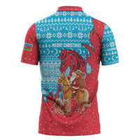 Azerbaijan Christmas Zipper Polo Shirt with Santa Riding Horse Red Flame Motif and Blue Islamic Pattern Design - Wonder Print Shop