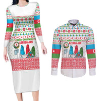 Azerbaijan Christmas Couples Matching Long Sleeve Bodycon Dress and Long Sleeve Button Shirt with Baku Skyline Azerbaijan Flag and Red Green Snowflake Pattern Design - Wonder Print Shop
