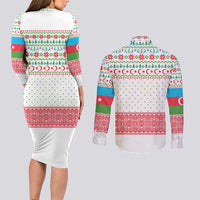 Azerbaijan Christmas Couples Matching Long Sleeve Bodycon Dress and Long Sleeve Button Shirt with Baku Skyline Azerbaijan Flag and Red Green Snowflake Pattern Design - Wonder Print Shop