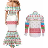 Azerbaijan Christmas Couples Matching Mermaid Dress and Long Sleeve Button Shirt with Baku Skyline Azerbaijan Flag and Red Green Snowflake Pattern Design - Wonder Print Shop