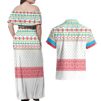 Azerbaijan Christmas Couples Matching Off Shoulder Maxi Dress and Hawaiian Shirt with Baku Skyline Azerbaijan Flag and Red Green Snowflake Pattern Design - Wonder Print Shop