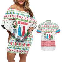 Azerbaijan Christmas Couples Matching Off Shoulder Short Dress and Hawaiian Shirt with Baku Skyline Azerbaijan Flag and Red Green Snowflake Pattern Design - Wonder Print Shop