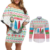 Azerbaijan Christmas Couples Matching Off Shoulder Short Dress and Long Sleeve Button Shirt with Baku Skyline Azerbaijan Flag and Red Green Snowflake Pattern Design - Wonder Print Shop