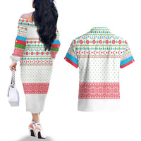 Azerbaijan Christmas Couples Matching Off The Shoulder Long Sleeve Dress and Hawaiian Shirt with Baku Skyline Azerbaijan Flag and Red Green Snowflake Pattern Design - Wonder Print Shop