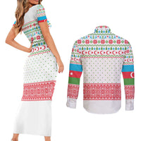 Azerbaijan Christmas Couples Matching Short Sleeve Bodycon Dress and Long Sleeve Button Shirt with Baku Skyline Azerbaijan Flag and Red Green Snowflake Pattern Design - Wonder Print Shop