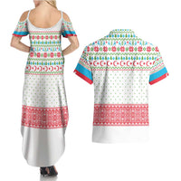 Azerbaijan Christmas Couples Matching Summer Maxi Dress and Hawaiian Shirt with Baku Skyline Azerbaijan Flag and Red Green Snowflake Pattern Design - Wonder Print Shop