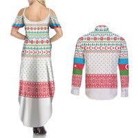 Azerbaijan Christmas Couples Matching Summer Maxi Dress and Long Sleeve Button Shirt with Baku Skyline Azerbaijan Flag and Red Green Snowflake Pattern Design - Wonder Print Shop