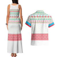 Azerbaijan Christmas Couples Matching Tank Maxi Dress and Hawaiian Shirt with Baku Skyline Azerbaijan Flag and Red Green Snowflake Pattern Design - Wonder Print Shop