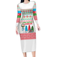 Azerbaijan Christmas Family Matching Long Sleeve Bodycon Dress and Hawaiian Shirt with Baku Skyline Azerbaijan Flag and Red Green Snowflake Pattern Design - Wonder Print Shop