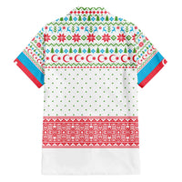 Azerbaijan Christmas Family Matching Off The Shoulder Long Sleeve Dress and Hawaiian Shirt with Baku Skyline Azerbaijan Flag and Red Green Snowflake Pattern Design - Wonder Print Shop