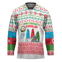 Azerbaijan Christmas Hockey Jersey with Baku Skyline Azerbaijan Flag and Red Green Snowflake Pattern Design - Wonder Print Shop