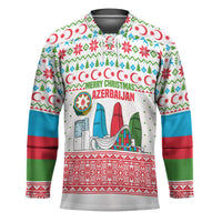 Azerbaijan Christmas Hockey Jersey with Baku Skyline Azerbaijan Flag and Red Green Snowflake Pattern Design - Wonder Print Shop