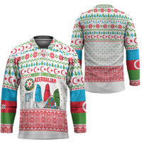 Azerbaijan Christmas Hockey Jersey with Baku Skyline Azerbaijan Flag and Red Green Snowflake Pattern Design - Wonder Print Shop