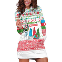 Azerbaijan Christmas Hoodie Dress with Baku Skyline Azerbaijan Flag and Red Green Snowflake Pattern Design - Wonder Print Shop