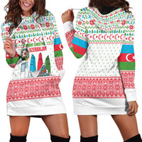 Azerbaijan Christmas Hoodie Dress with Baku Skyline Azerbaijan Flag and Red Green Snowflake Pattern Design - Wonder Print Shop