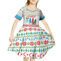 Azerbaijan Christmas Kid Short Sleeve Dress with Baku Skyline Azerbaijan Flag and Red Green Snowflake Pattern Design - Wonder Print Shop