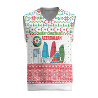 Azerbaijan Christmas Knitted V-Neck Vest with Baku Skyline Azerbaijan Flag and Red Green Snowflake Pattern Design - Wonder Print Shop