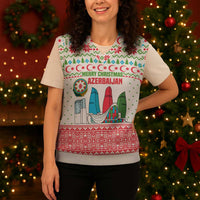 Azerbaijan Christmas Knitted V-Neck Vest with Baku Skyline Azerbaijan Flag and Red Green Snowflake Pattern Design - Wonder Print Shop