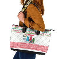 Azerbaijan Christmas Leather Tote Bag with Baku Skyline Azerbaijan Flag and Red Green Snowflake Pattern Design - Wonder Print Shop