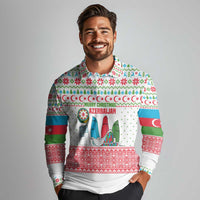 Azerbaijan Christmas Long Sleeve Polo Shirt with Baku Skyline Azerbaijan Flag and Red Green Snowflake Pattern Design - Wonder Print Shop