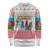 Azerbaijan Christmas Long Sleeve Shirt with Baku Skyline Azerbaijan Flag and Red Green Snowflake Pattern Design - Wonder Print Shop