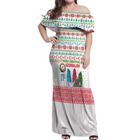 Azerbaijan Christmas Off Shoulder Maxi Dress with Baku Skyline Azerbaijan Flag and Red Green Snowflake Pattern Design - Wonder Print Shop