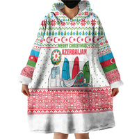Azerbaijan Christmas Wearable Blanket Hoodie with Baku Skyline Azerbaijan Flag and Red Green Snowflake Pattern Design - Wonder Print Shop