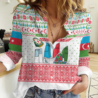 Azerbaijan Christmas Women Casual Shirt with Baku Skyline Azerbaijan Flag and Red Green Snowflake Pattern Design - Wonder Print Shop