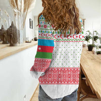 Azerbaijan Christmas Women Casual Shirt with Baku Skyline Azerbaijan Flag and Red Green Snowflake Pattern Design - Wonder Print Shop