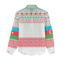 Azerbaijan Christmas Women Casual Shirt with Baku Skyline Azerbaijan Flag and Red Green Snowflake Pattern Design - Wonder Print Shop