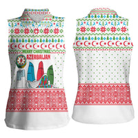 Azerbaijan Christmas Women Sleeveless Polo Shirt with Baku Skyline Azerbaijan Flag and Red Green Snowflake Pattern Design - Wonder Print Shop