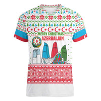 Azerbaijan Christmas Women V-Neck T-Shirt with Baku Skyline Azerbaijan Flag and Red Green Snowflake Pattern Design - Wonder Print Shop