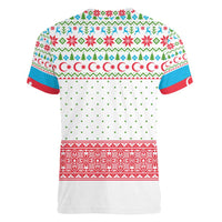 Azerbaijan Christmas Women V-Neck T-Shirt with Baku Skyline Azerbaijan Flag and Red Green Snowflake Pattern Design - Wonder Print Shop