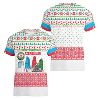 Azerbaijan Christmas Women V-Neck T-Shirt with Baku Skyline Azerbaijan Flag and Red Green Snowflake Pattern Design - Wonder Print Shop