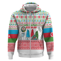 Azerbaijan Christmas Zip Hoodie with Baku Skyline Azerbaijan Flag and Red Green Snowflake Pattern Design - Wonder Print Shop
