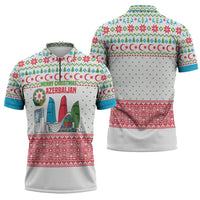 Azerbaijan Christmas Zipper Polo Shirt with Baku Skyline Azerbaijan Flag and Red Green Snowflake Pattern Design - Wonder Print Shop