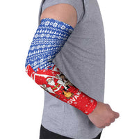 Slovakia Christmas Arm Sleeves with Santa and Dancers by Campfire Snowy Mountains and Red Blue Snowflake Pattern Design - Wonder Print Shop