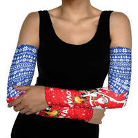 Slovakia Christmas Arm Sleeves with Santa and Dancers by Campfire Snowy Mountains and Red Blue Snowflake Pattern Design - Wonder Print Shop