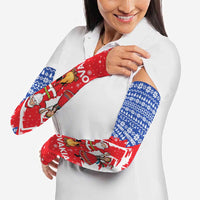Slovakia Christmas Arm Sleeves with Santa and Dancers by Campfire Snowy Mountains and Red Blue Snowflake Pattern Design - Wonder Print Shop