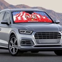 Slovakia Christmas Auto Sun Shade with Santa and Dancers by Campfire Snowy Mountains and Red Blue Snowflake Pattern Design - Wonder Print Shop