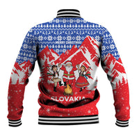 Slovakia Christmas Baseball Jacket with Santa and Dancers by Campfire Snowy Mountains and Red Blue Snowflake Pattern Design - Wonder Print Shop