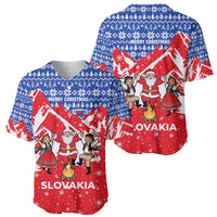 Slovakia Christmas Baseball Jersey with Santa and Dancers by Campfire Snowy Mountains and Red Blue Snowflake Pattern Design - Wonder Print Shop